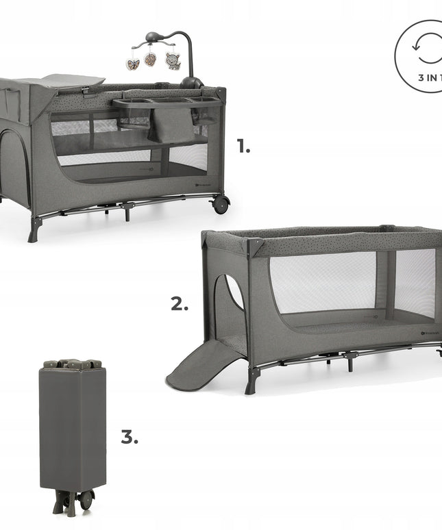 Kelioninė lovelė 3in1, maniežas, dviejų lygių, sulankstomas JOY 2 KINDERKRAFT Pilkas