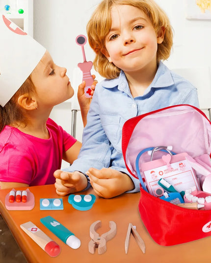 Mažojo gydytojo rinkinys MalPlay, medinis dentisto žaislas lagaminėlyje