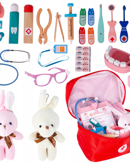 Mažojo gydytojo rinkinys MalPlay, medinis dentisto žaislas lagaminėlyje