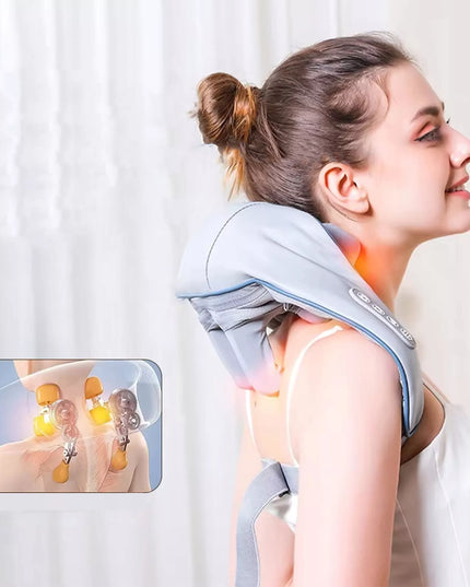 Belaidis shiatsu masažuoklis kaklui, nugarai ir sprandui su šildymo funkcija