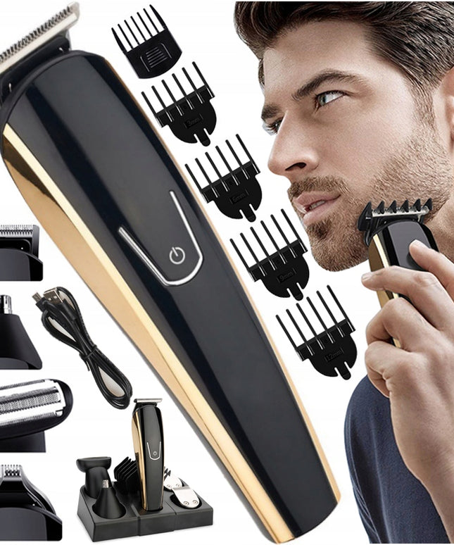 Kirpimo mašinėlė, trimeris, skustuvas - rinkinys barzdai, plaukams, nosiai, antakiams kirpti, su antgaliais