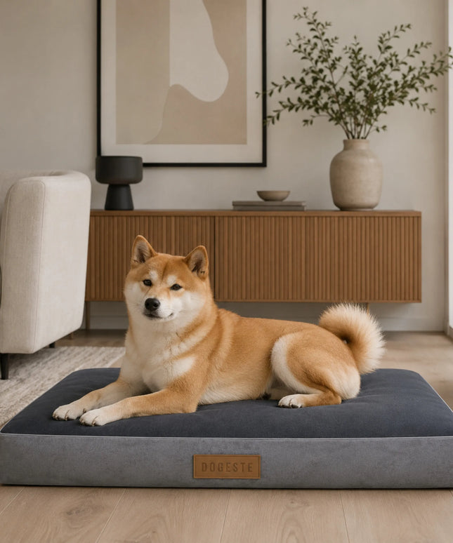 DOGESTE XL šunų čiužinys su personalizuotu užrašu, pilkas, 90 × 66 cm