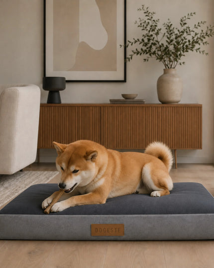 DOGESTE XL šunų čiužinys su personalizuotu užrašu, pilkas, 90 × 66 cm