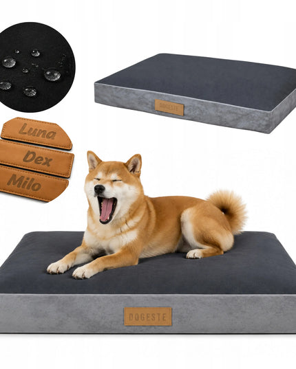 DOGESTE XL šunų čiužinys su personalizuotu užrašu, pilkas, 90 × 66 cm