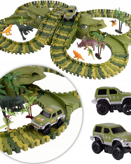 MEGA AUTOMOBILIŲ TAKAS DINO TRAukinys AUTOMOBILIS 230 ELEMENTŲ DINOZAURŲ PARKAS
