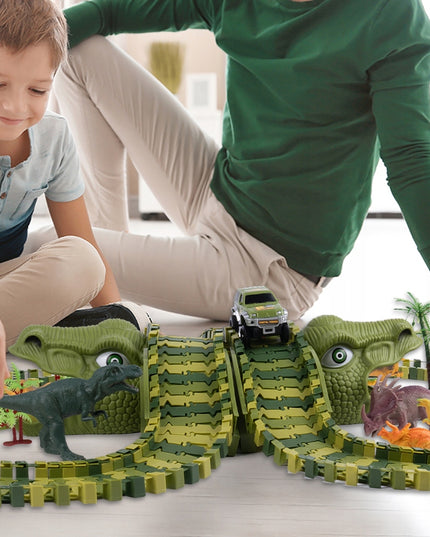 MEGA AUTOMOBILIŲ TAKAS DINO TRAukinys AUTOMOBILIS 230 ELEMENTŲ DINOZAURŲ PARKAS