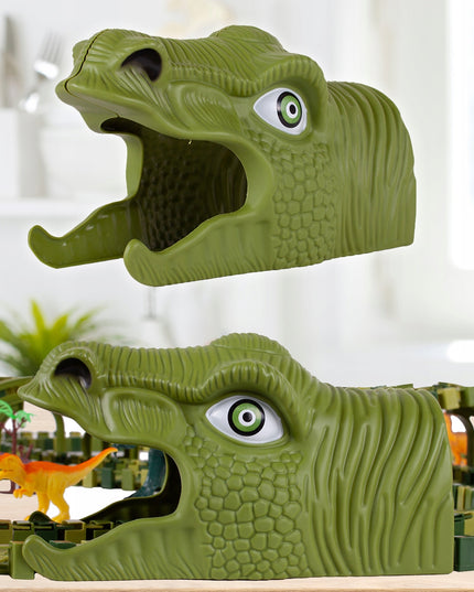 MEGA AUTOMOBILIŲ TAKAS DINO TRAukinys AUTOMOBILIS 230 ELEMENTŲ DINOZAURŲ PARKAS