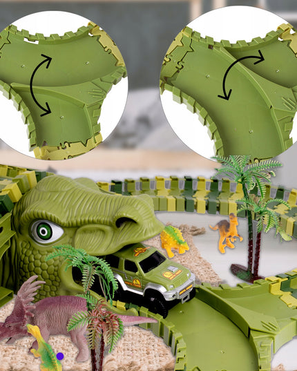 MEGA AUTOMOBILIŲ TAKAS DINO TRAukinys AUTOMOBILIS 230 ELEMENTŲ DINOZAURŲ PARKAS