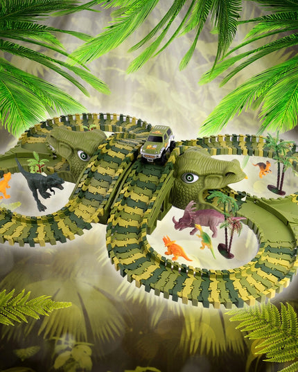 MEGA AUTOMOBILIŲ TAKAS DINO TRAukinys AUTOMOBILIS 230 ELEMENTŲ DINOZAURŲ PARKAS