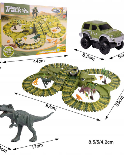 MEGA AUTOMOBILIŲ TAKAS DINO TRAukinys AUTOMOBILIS 230 ELEMENTŲ DINOZAURŲ PARKAS