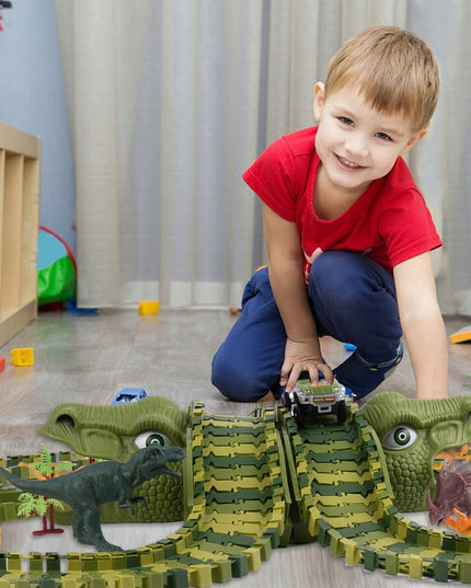 MEGA AUTOMOBILIŲ TAKAS DINO TRAukinys AUTOMOBILIS 230 ELEMENTŲ DINOZAURŲ PARKAS