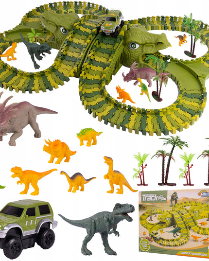 MEGA AUTOMOBILIŲ TAKAS DINO TRAukinys AUTOMOBILIS 230 ELEMENTŲ DINOZAURŲ PARKAS