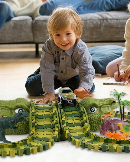 MEGA AUTOMOBILIŲ TAKAS DINO TRAukinys AUTOMOBILIS 230 ELEMENTŲ DINOZAURŲ PARKAS