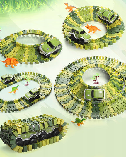 MEGA AUTOMOBILIŲ TAKAS DINO TRAukinys AUTOMOBILIS 230 ELEMENTŲ DINOZAURŲ PARKAS