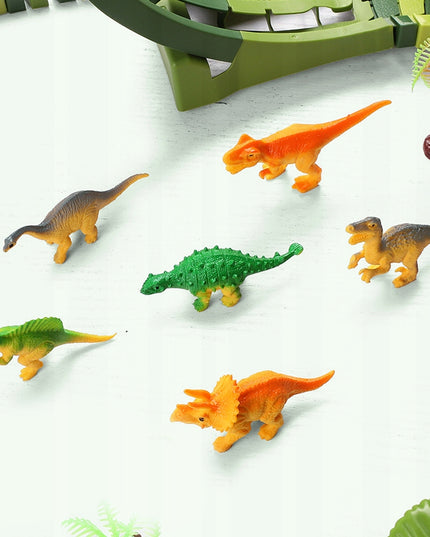 MEGA AUTOMOBILIŲ TAKAS DINO TRAukinys AUTOMOBILIS 230 ELEMENTŲ DINOZAURŲ PARKAS