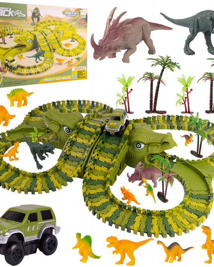 MEGA AUTOMOBILIŲ TAKAS DINO TRAukinys AUTOMOBILIS 230 ELEMENTŲ DINOZAURŲ PARKAS