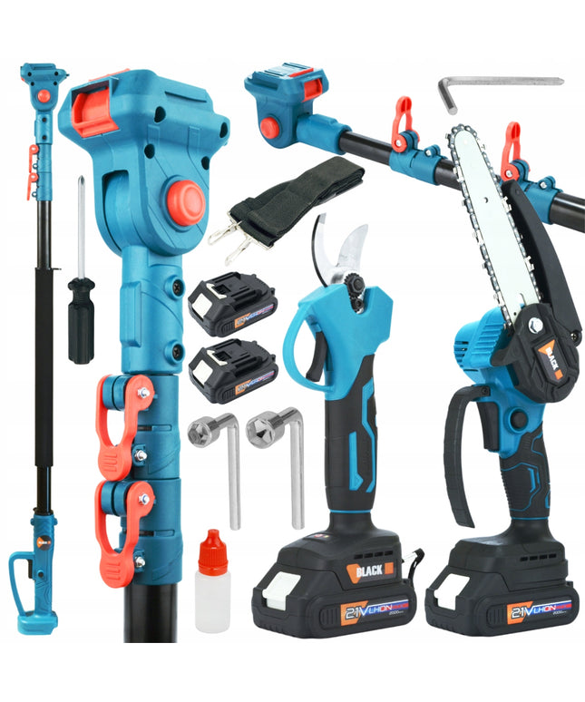 SUPER RINKINYS 2IN1 GENĖJIMO PJOVLAS SU KOTU 2M 21V AKUMULIATORIUS 2 VNT. KROVIKLIS AKCIJA