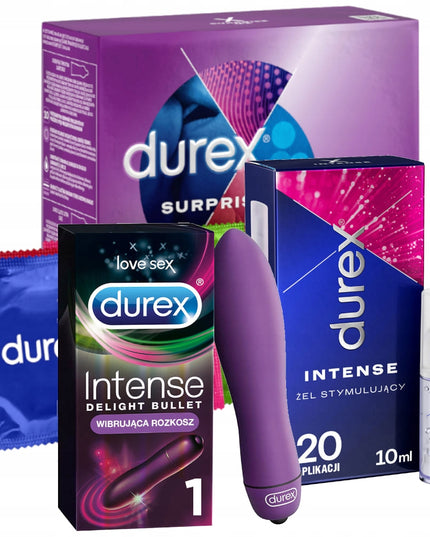 Didelis rinkinys DUREX Prezervatyvai Surprise ME Orgasmic INTENSE gelis vibratorius
