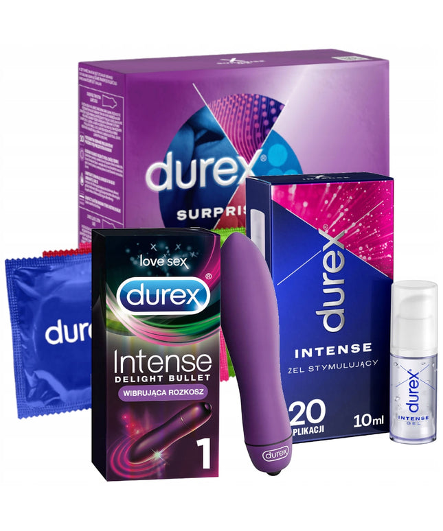 Didelis rinkinys DUREX Prezervatyvai Surprise ME Orgasmic INTENSE gelis vibratorius