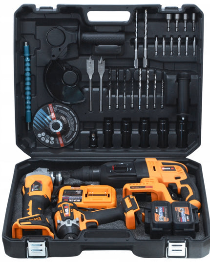 MEGA AKUMULIATORINIŲ ĮRANKIŲ RINKINYS 2X 4AH 21V 3in1 PLAKTUVAS, SMŪGINIS SUKTUVAS, ŠVITRINIS ŠLIFUOKLIS BLACK