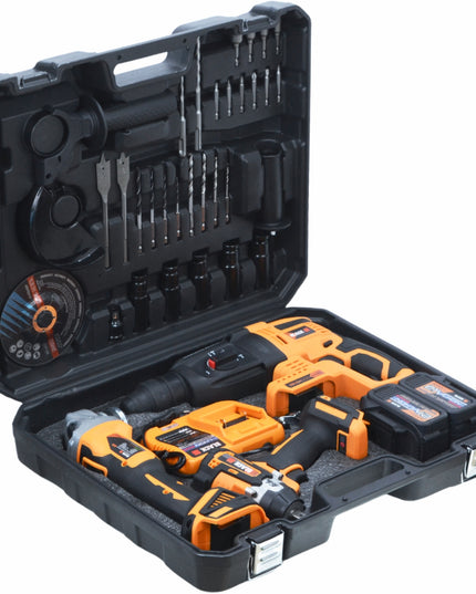 MEGA AKUMULIATORINIŲ ĮRANKIŲ RINKINYS 2X 4AH 21V 3in1 PLAKTUVAS, SMŪGINIS SUKTUVAS, ŠVITRINIS ŠLIFUOKLIS BLACK