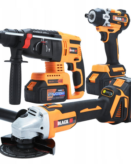 MEGA AKUMULIATORINIŲ ĮRANKIŲ RINKINYS 2X 4AH 21V 3in1 PLAKTUVAS, SMŪGINIS SUKTUVAS, ŠVITRINIS ŠLIFUOKLIS BLACK