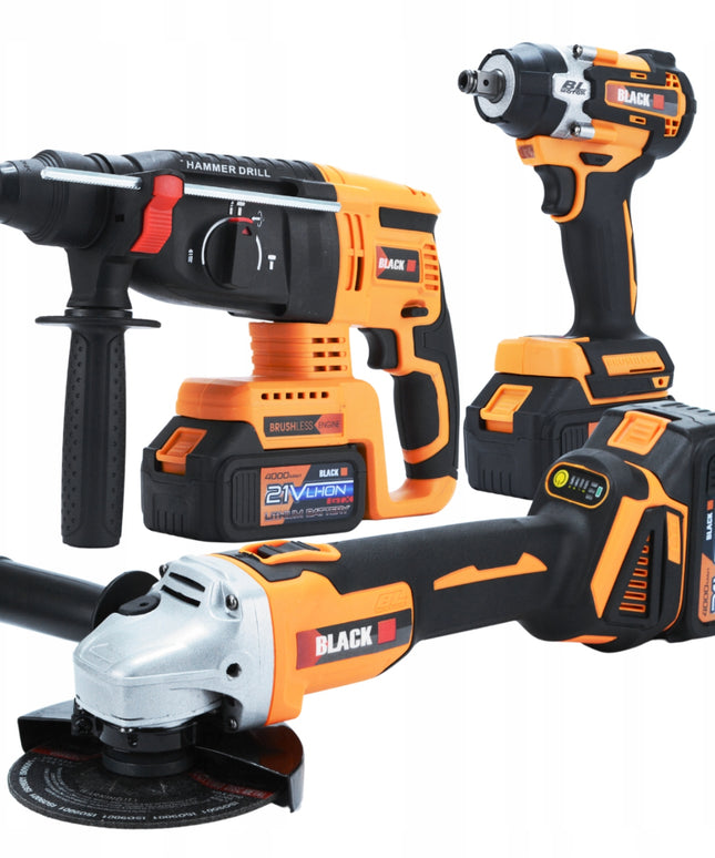 MEGA AKUMULIATORINIŲ ĮRANKIŲ RINKINYS 2X 4AH 21V 3in1 PLAKTUVAS, SMŪGINIS SUKTUVAS, ŠVITRINIS ŠLIFUOKLIS BLACK