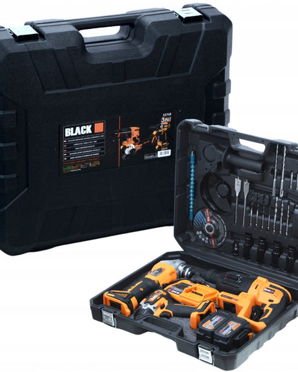 MEGA AKUMULIATORINIŲ ĮRANKIŲ RINKINYS 2X 4AH 21V 3in1 PLAKTUVAS, SMŪGINIS SUKTUVAS, ŠVITRINIS ŠLIFUOKLIS BLACK