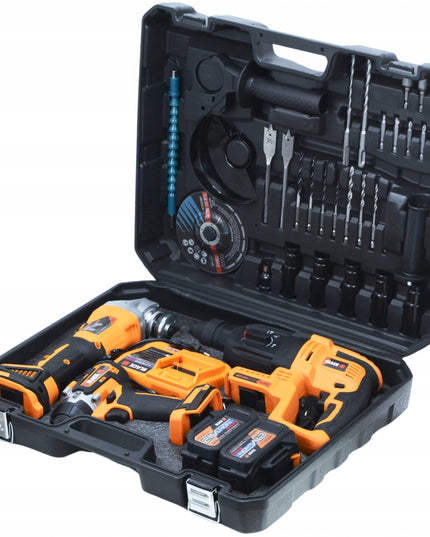 MEGA AKUMULIATORINIŲ ĮRANKIŲ RINKINYS 2X 4AH 21V 3in1 PLAKTUVAS, SMŪGINIS SUKTUVAS, ŠVITRINIS ŠLIFUOKLIS BLACK