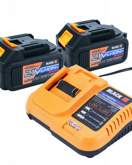 MEGA AKUMULIATORINIŲ ĮRANKIŲ RINKINYS 2X 4AH 21V 3in1 PLAKTUVAS, SMŪGINIS SUKTUVAS, ŠVITRINIS ŠLIFUOKLIS BLACK