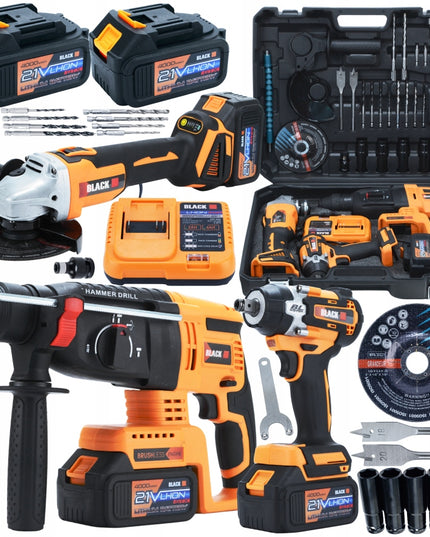 MEGA AKUMULIATORINIŲ ĮRANKIŲ RINKINYS 2X 4AH 21V 3in1 PLAKTUVAS, SMŪGINIS SUKTUVAS, ŠVITRINIS ŠLIFUOKLIS BLACK