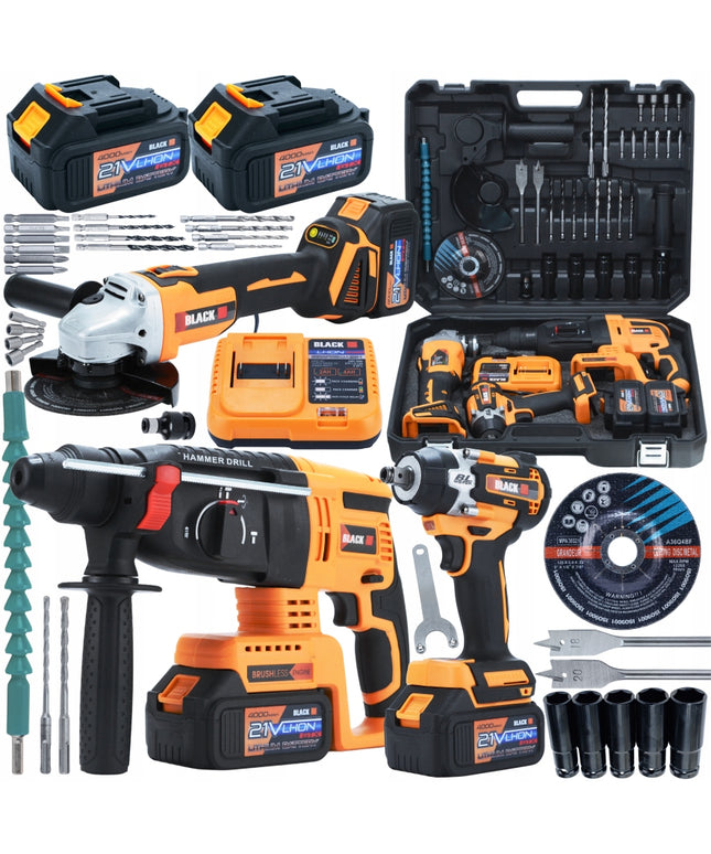 MEGA AKUMULIATORINIŲ ĮRANKIŲ RINKINYS 2X 4AH 21V 3in1 PLAKTUVAS, SMŪGINIS SUKTUVAS, ŠVITRINIS ŠLIFUOKLIS BLACK