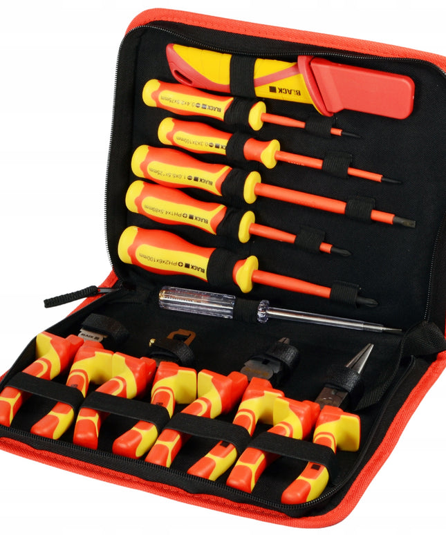 Didelis įrankių ir atsuktuvų rinkinys elektrikui, 1000V izoliuoti, 11 vnt. BLACK