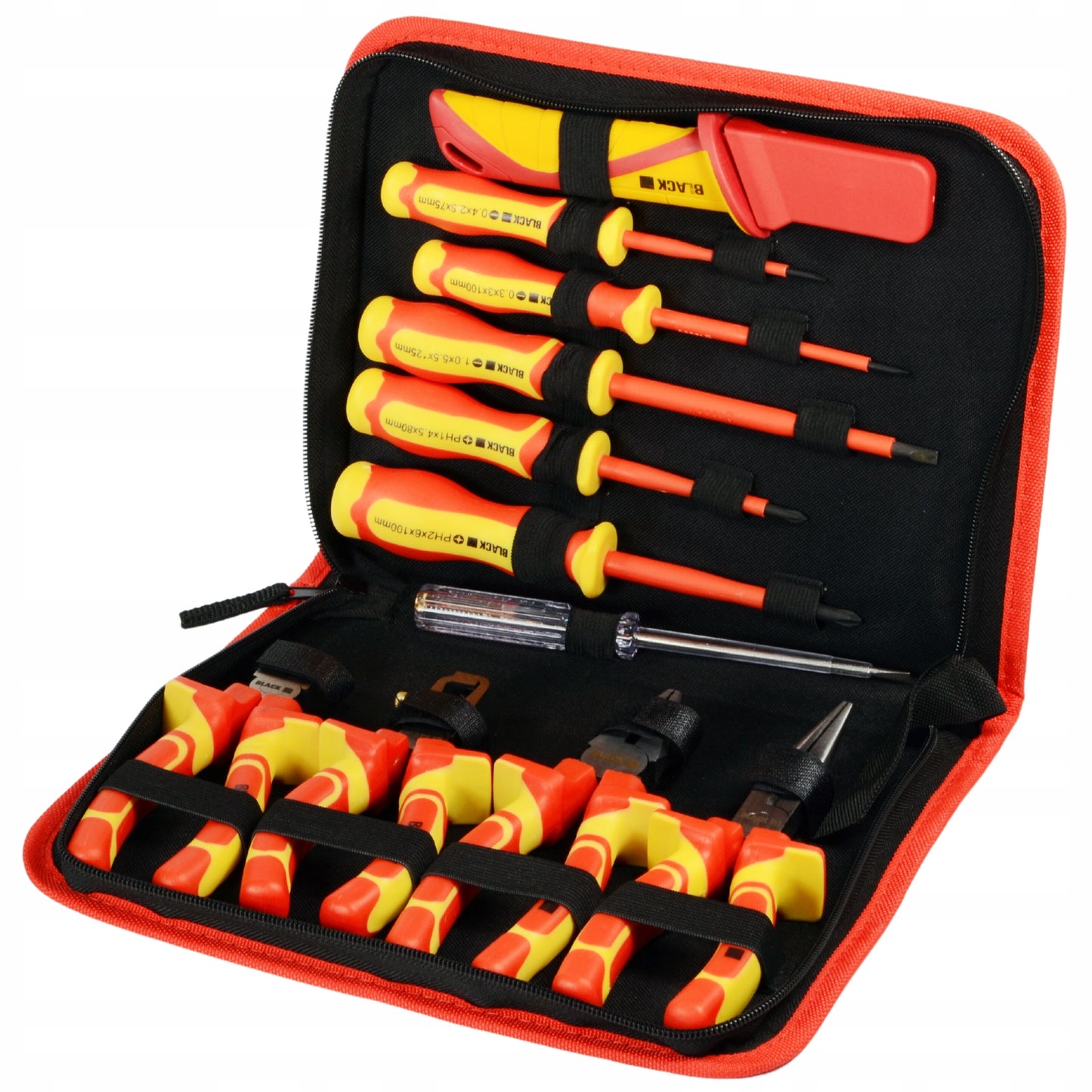 Didelis įrankių ir atsuktuvų rinkinys elektrikui, 1000V izoliuoti, 11 vnt. BLACK