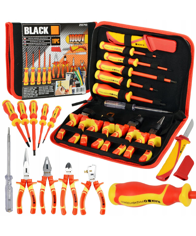 Didelis įrankių ir atsuktuvų rinkinys elektrikui, 1000V izoliuoti, 11 vnt. BLACK