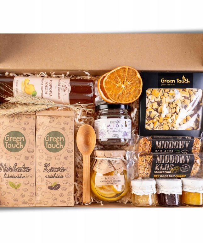MEGA DOVANŲ RINKINYS, DIDELIS KREPŠYS-DĖŽUTĖ, LENKIŠKA ARBATA, KAVA, MEDUS, SIRUPAS, CITRINOS