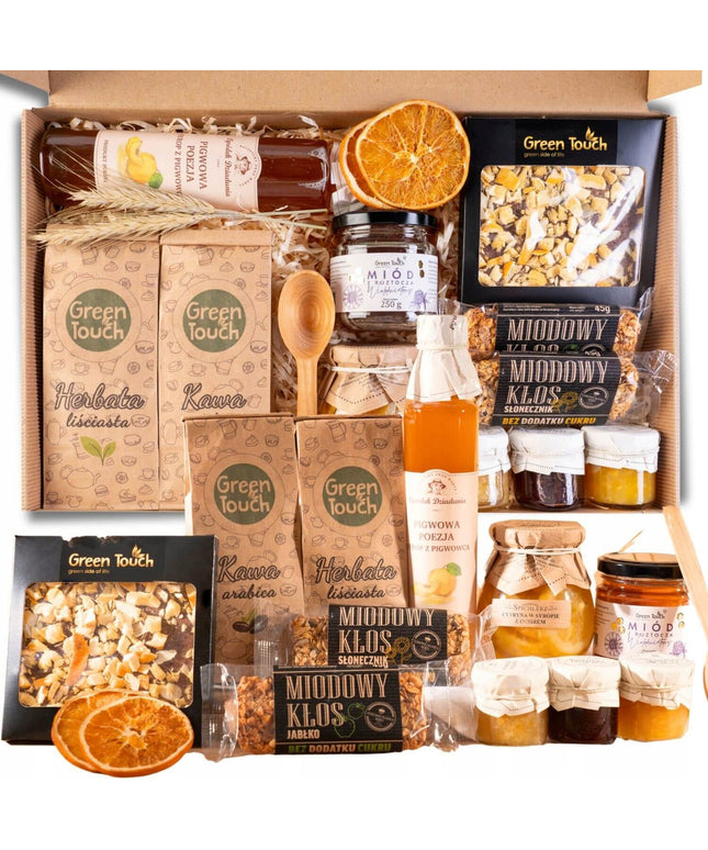 MEGA DOVANŲ RINKINYS, DIDELIS KREPŠYS-DĖŽUTĖ, LENKIŠKA ARBATA, KAVA, MEDUS, SIRUPAS, CITRINOS