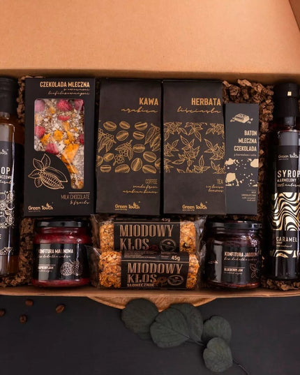 MEGA DOVANŲ RINKINYS didelis krepšys dėžutė arbata kava saldumynai uogienės sirupai