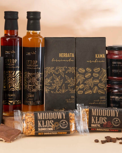 MEGA DOVANŲ RINKINYS didelis krepšys dėžutė arbata kava saldumynai uogienės sirupai