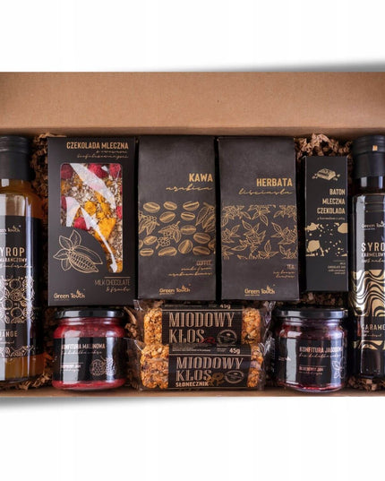 MEGA DOVANŲ RINKINYS didelis krepšys dėžutė arbata kava saldumynai uogienės sirupai