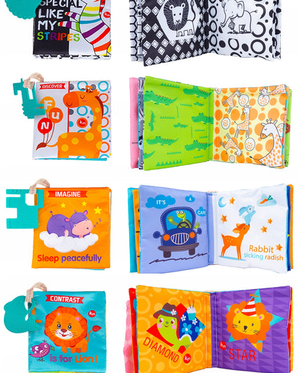 MINKŠTOS KNYGELĖS 12 PUSLAPIAI MEDŽIAGINĖS SENSORINĖS 6 VNT. KRAMTYKLĖ GYVŪNĖLIAI