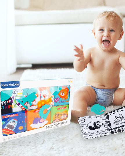 MINKŠTOS KNYGELĖS 12 PUSLAPIAI MEDŽIAGINĖS SENSORINĖS 6 VNT. KRAMTYKLĖ GYVŪNĖLIAI