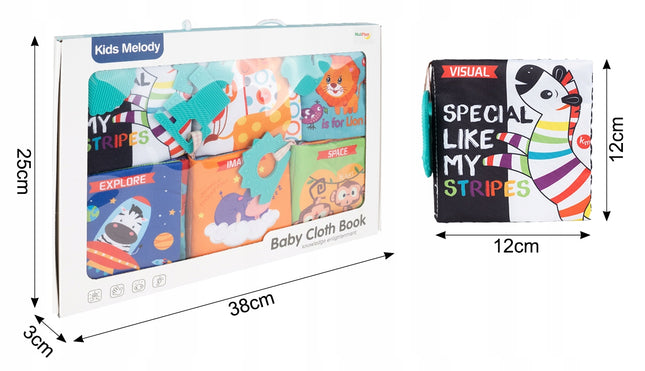 MINKŠTOS KNYGELĖS 12 PUSLAPIAI MEDŽIAGINĖS SENSORINĖS 6 VNT. KRAMTYKLĖ GYVŪNĖLIAI