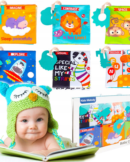 MINKŠTOS KNYGELĖS 12 PUSLAPIAI MEDŽIAGINĖS SENSORINĖS 6 VNT. KRAMTYKLĖ GYVŪNĖLIAI