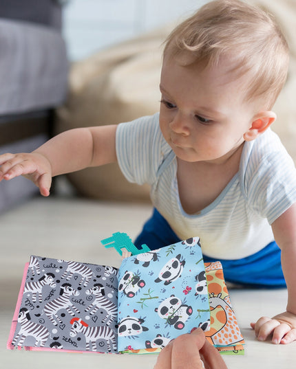 MINKŠTOS KNYGELĖS 12 PUSLAPIAI MEDŽIAGINĖS SENSORINĖS 6 VNT. KRAMTYKLĖ GYVŪNĖLIAI