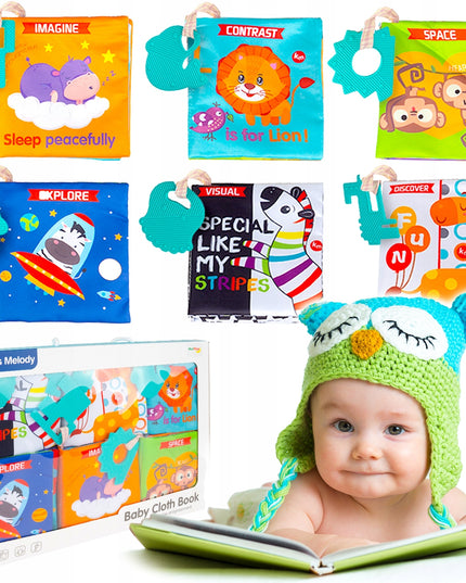 MINKŠTOS KNYGELĖS 12 PUSLAPIAI MEDŽIAGINĖS SENSORINĖS 6 VNT. KRAMTYKLĖ GYVŪNĖLIAI