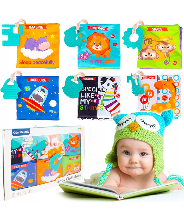 MINKŠTOS KNYGELĖS 12 PUSLAPIAI MEDŽIAGINĖS SENSORINĖS 6 VNT. KRAMTYKLĖ GYVŪNĖLIAI