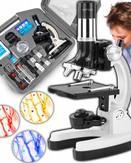 OPTINIS MIKROSKOPAS ZOOM 1200X LABORATORINIS RINKINYS 3 OBJEKTYVAIS + AKSESUARAI