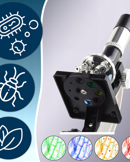 OPTINIS MIKROSKOPAS ZOOM 1200X LABORATORINIS RINKINYS 3 OBJEKTYVAIS + AKSESUARAI