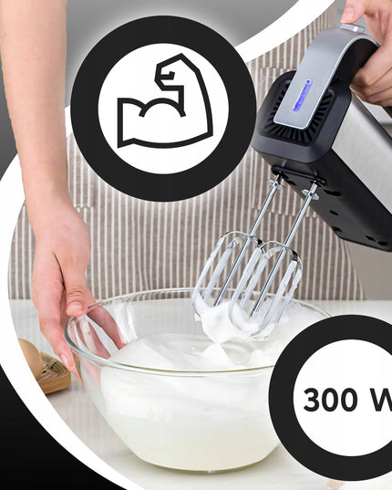 RANKINIS MAIŠYTUVAS VIRTUVEI 300W TURBO, 5 GREIČIAI, METALINĖS ŠLUOTELĖS, TEŠLOS KULIAI, SIDABRINĖS SPALVOS